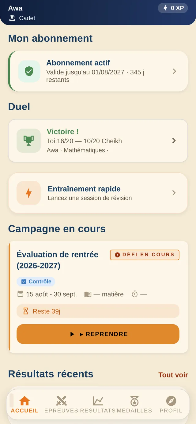 Accueil élève NivUp : duel gagné 16/20, entraînement rapide et contrôle de rentrée en cours