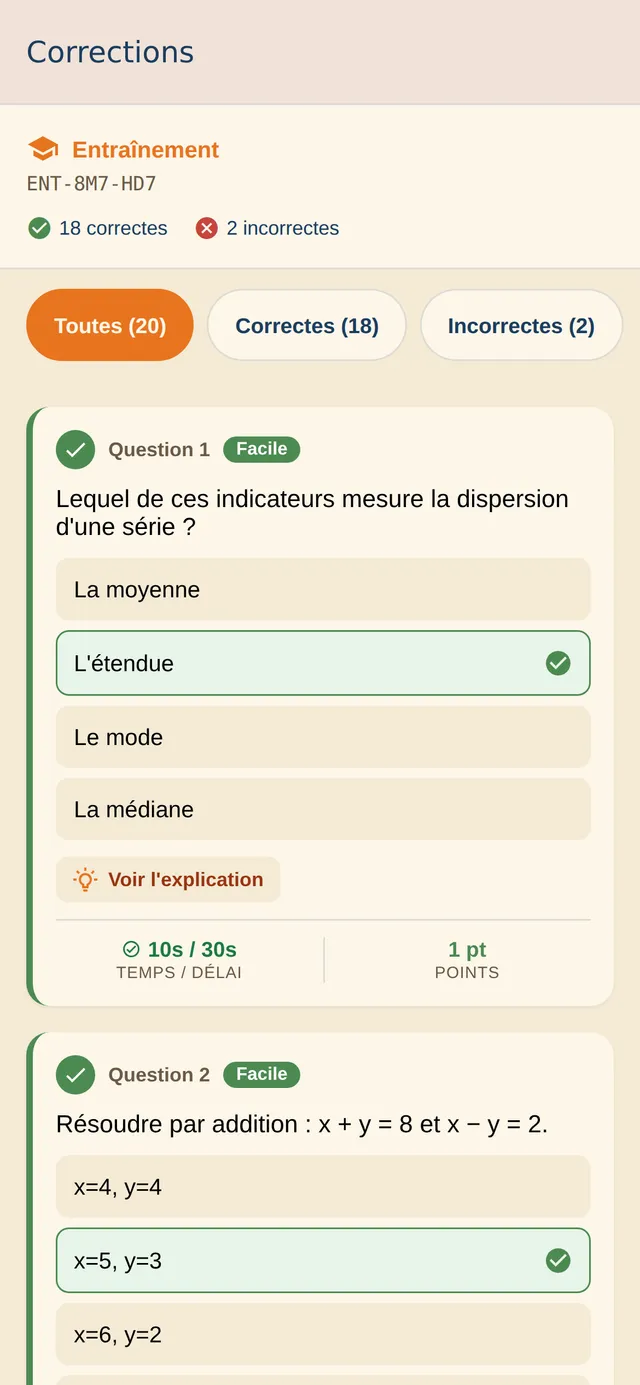 Étape 3 : corrections, 18 correctes sur 20