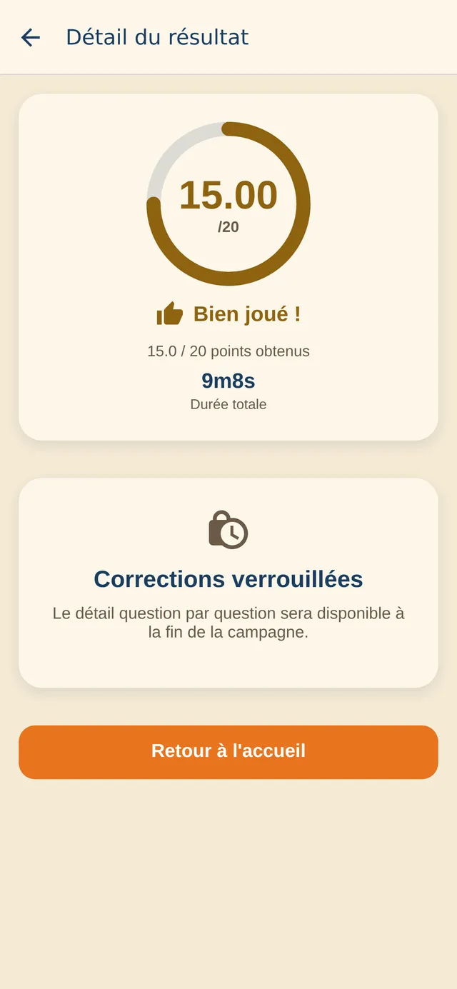 Détail du résultat : 15/20, durée 9 min 8 s