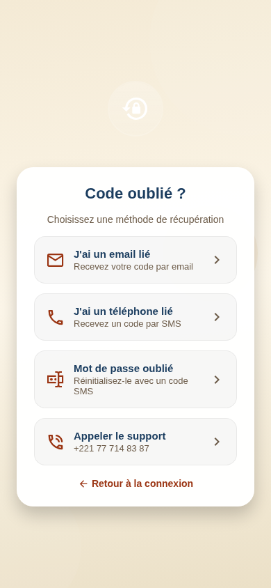 Menu de récupération de compte : par email, par téléphone, mot de passe oublié ou appel au support