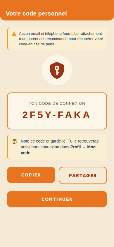 Écran « Votre code personnel » affiché après l'inscription, avec boutons Copier et Partager