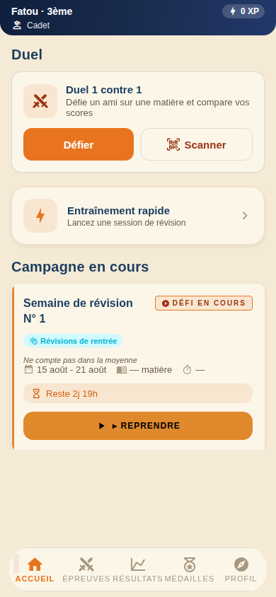 Tableau de bord élève : carte Duel avec boutons Défier et Scanner, entraînement rapide, campagne en cours