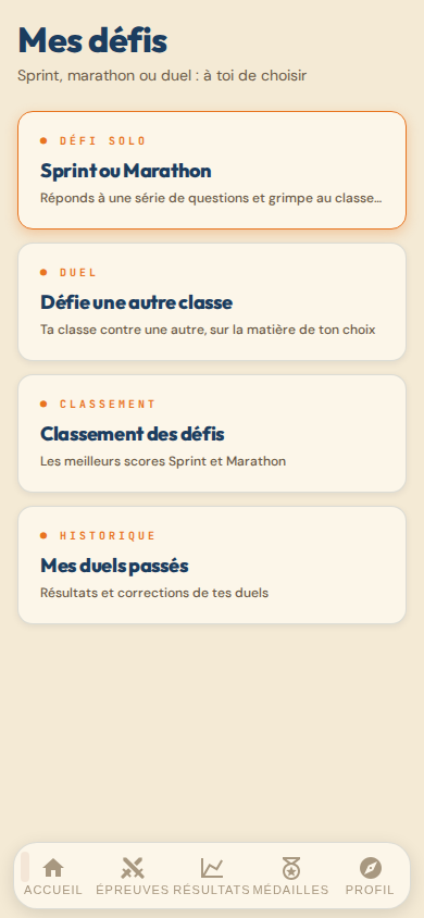 Hub Mes défis : Sprint et Marathon, Duel, Classement et Historique