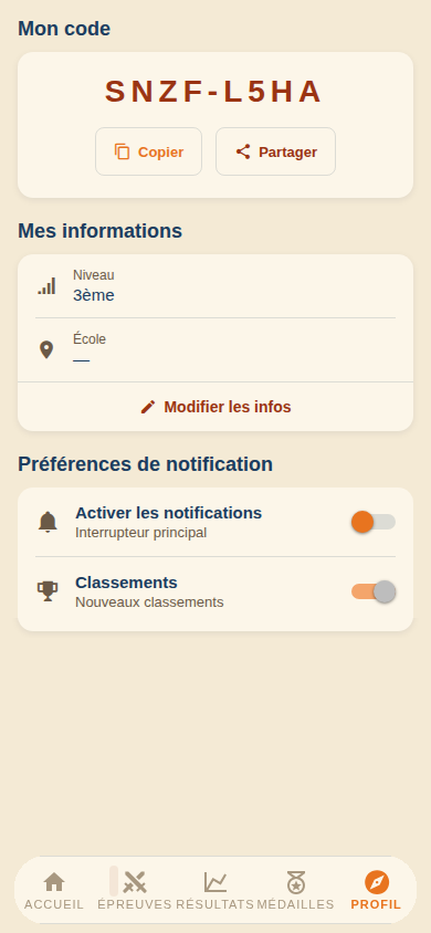 Onglet Profil : Mon code, Mes informations et Préférences