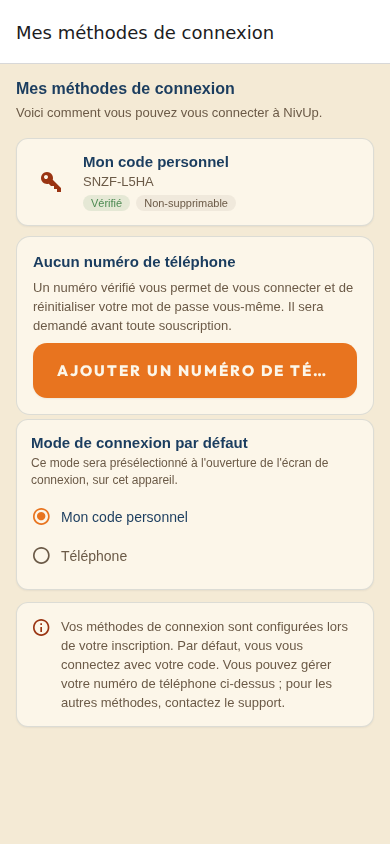 Écran Mes méthodes de connexion : code personnel et numéro de téléphone