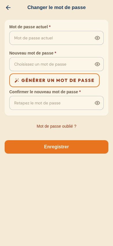 Écran Changer le mot de passe : mot de passe actuel, nouveau et confirmation