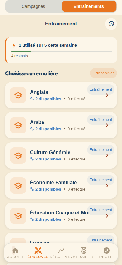 Choix de la matière d'entraînement, avec la jauge de quota hebdomadaire