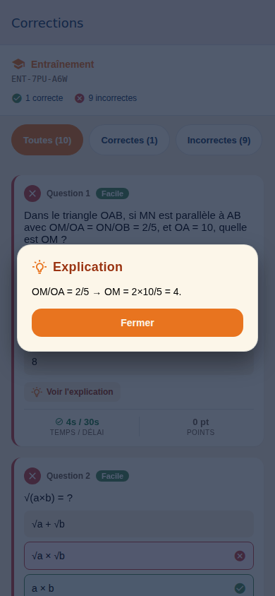 Explication pédagogique détaillée d'une question corrigée