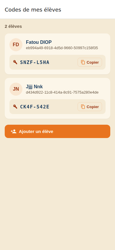 Écran Codes de mes élèves : consultation et copie des codes de connexion